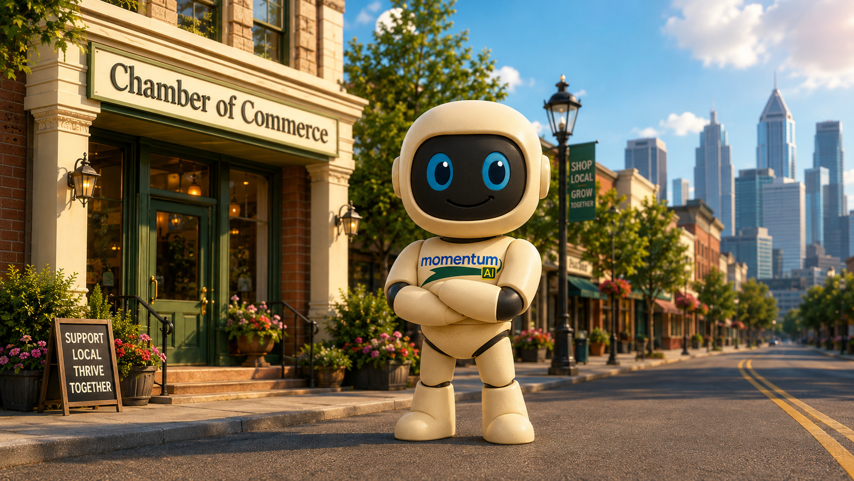 AI for small chambers represented by a Momentum AI robot outside a chamber of commerce