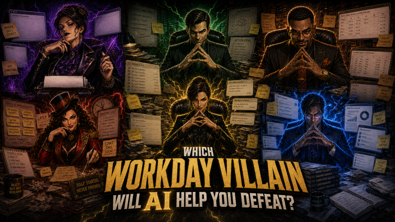 Six workday villains representing tasks AI can help defeat