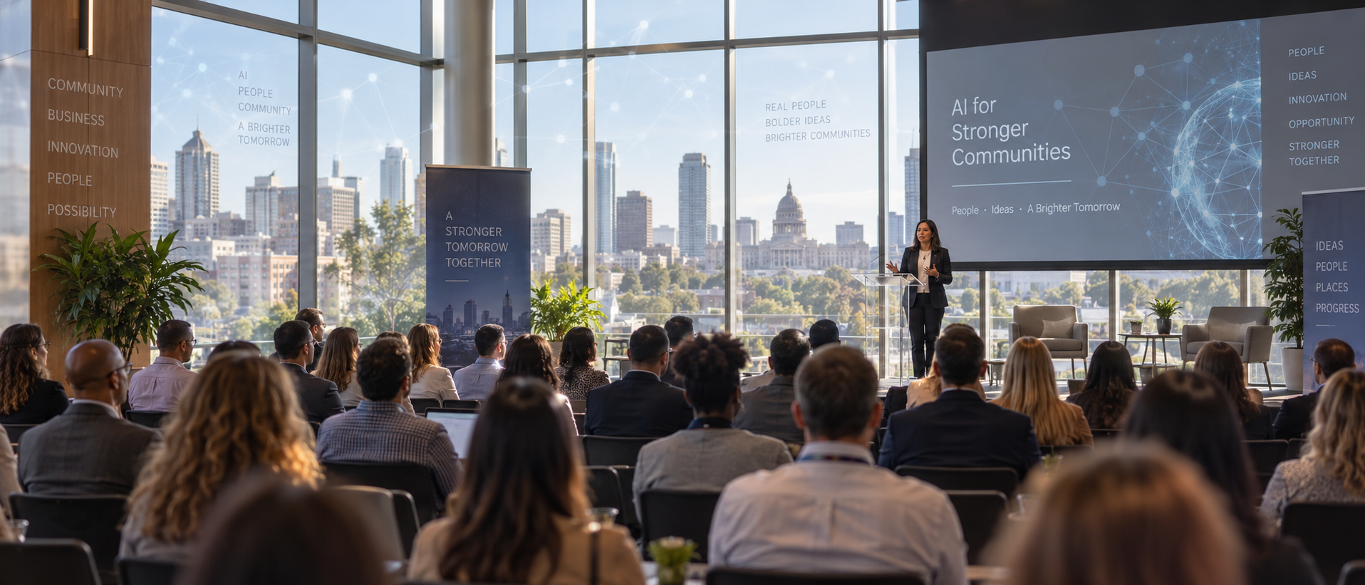 Illustration of a speaker and audience discussing AI for stronger communities in a city conference venue.