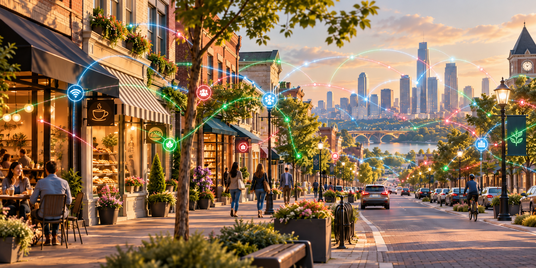 Illustration of Main Street businesses and people connected to a city skyline by digital networks.